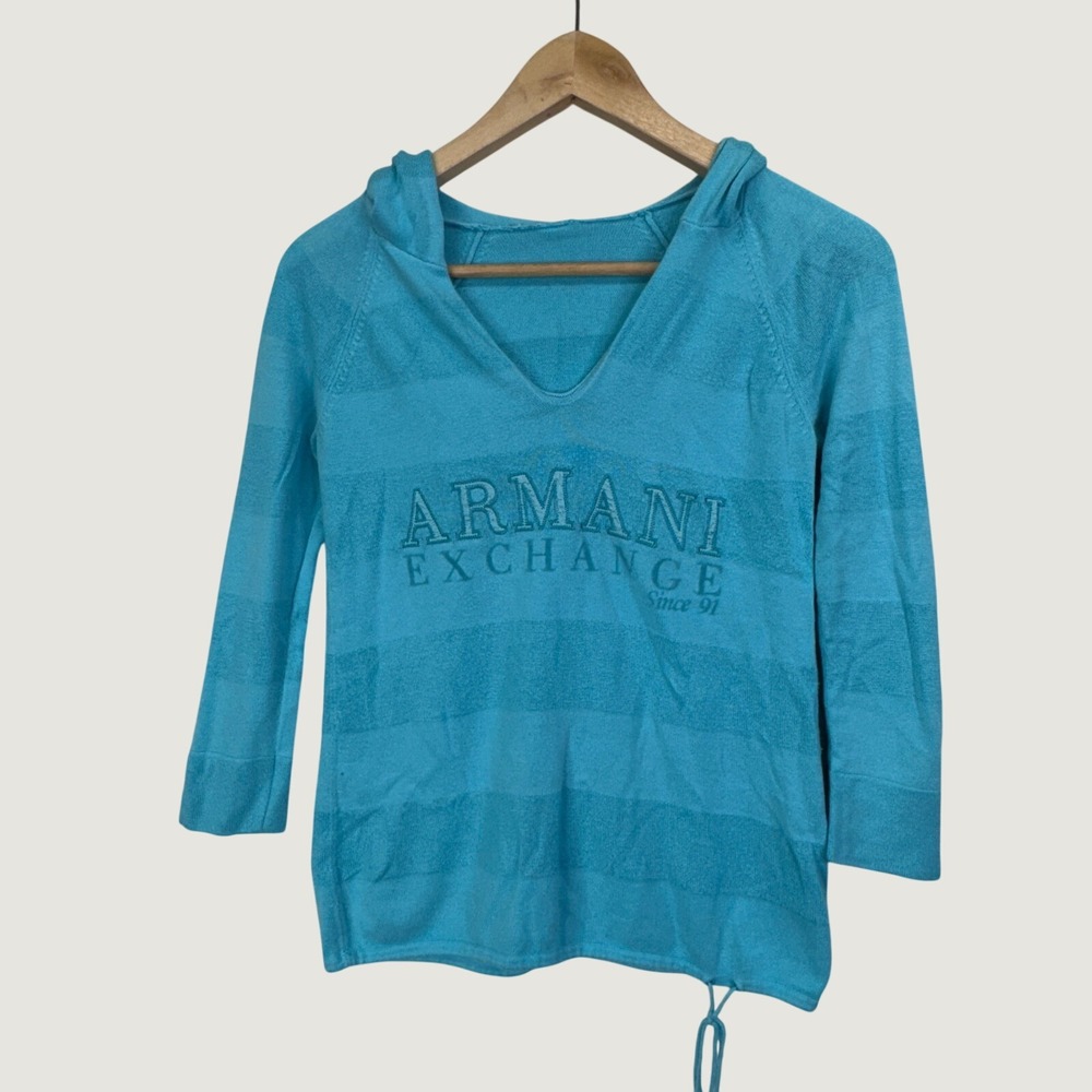 Armani Exchange‎ Hoodie Sweater Size S Blue Striped Logo Y2K Coastal Preppy